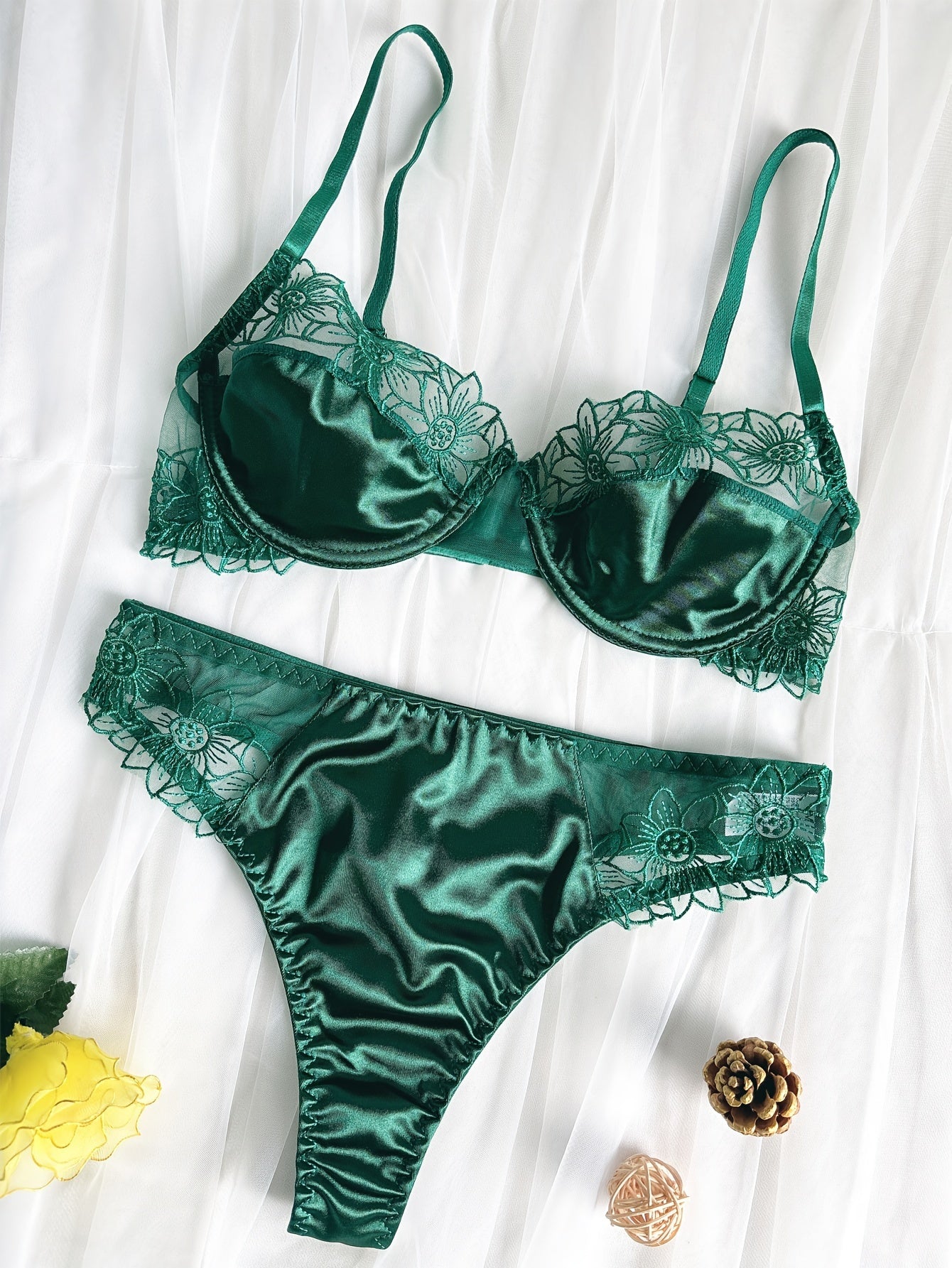 Women's Floral Embroidered Lingerie Set with Push-Up Bra and Thong