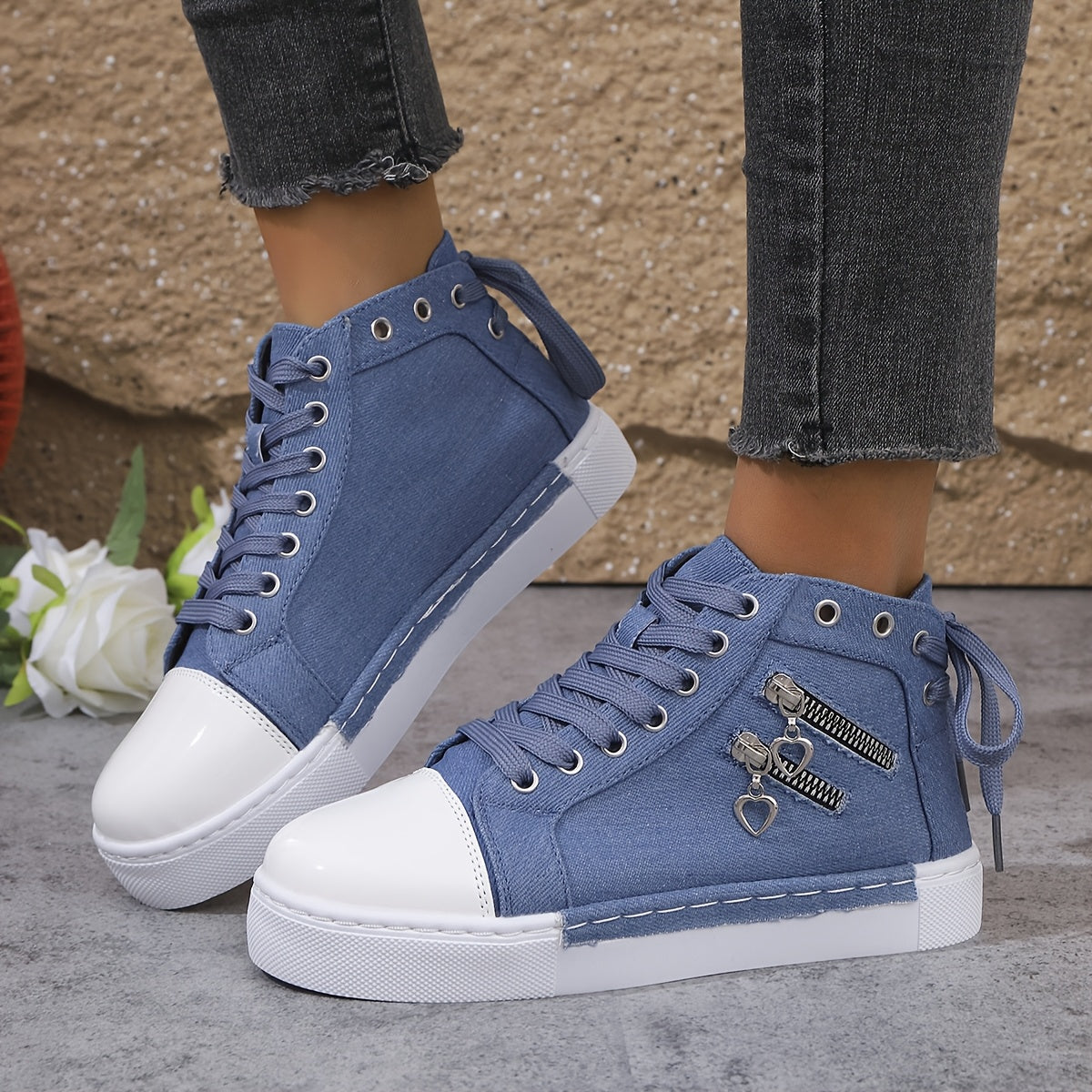 Youth Women Canvas Sneakers with Double Zippers and Laces for Outdoor Activities