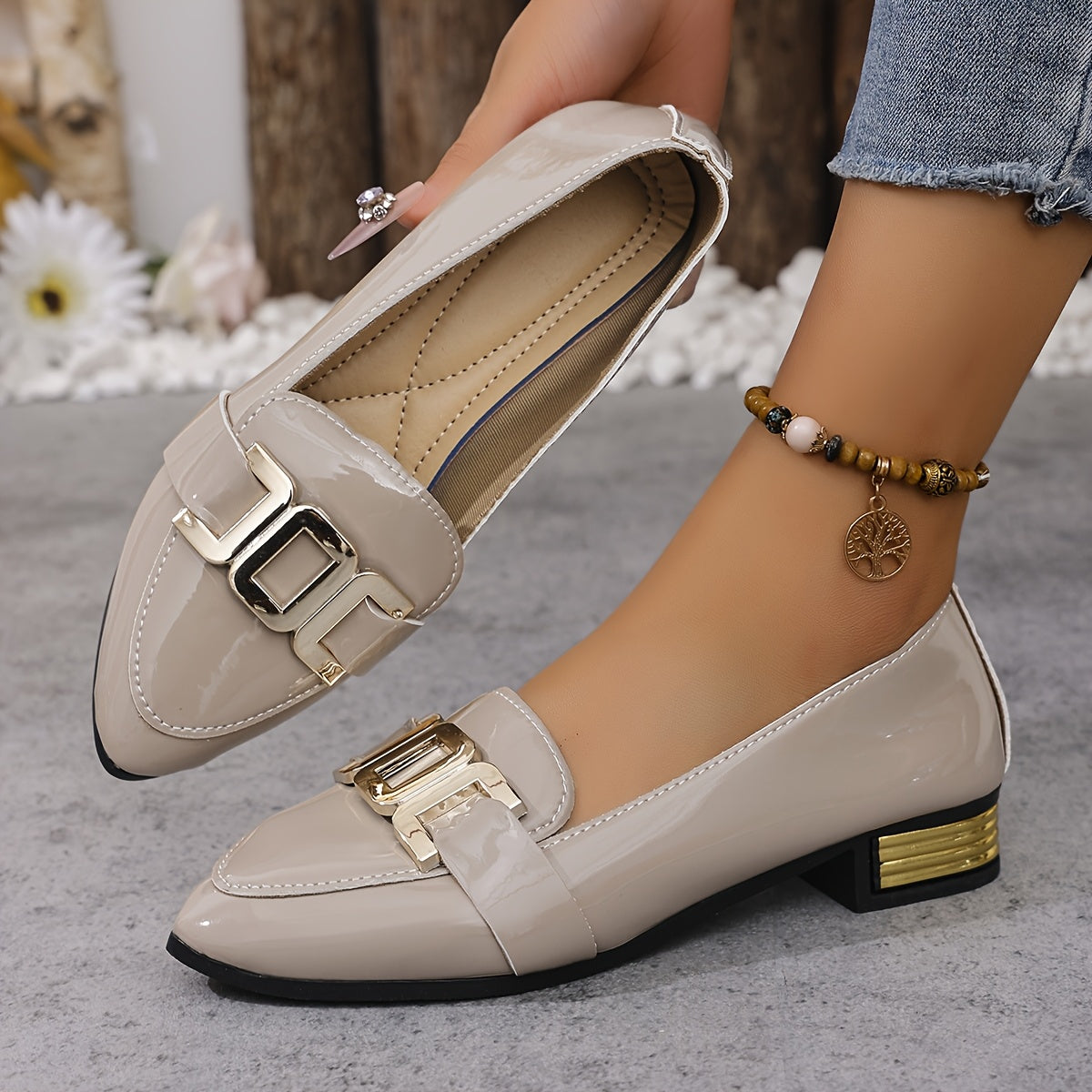 Women's White Pointed Toe Loafers with Metallic Buckle Synthetic Shoes
