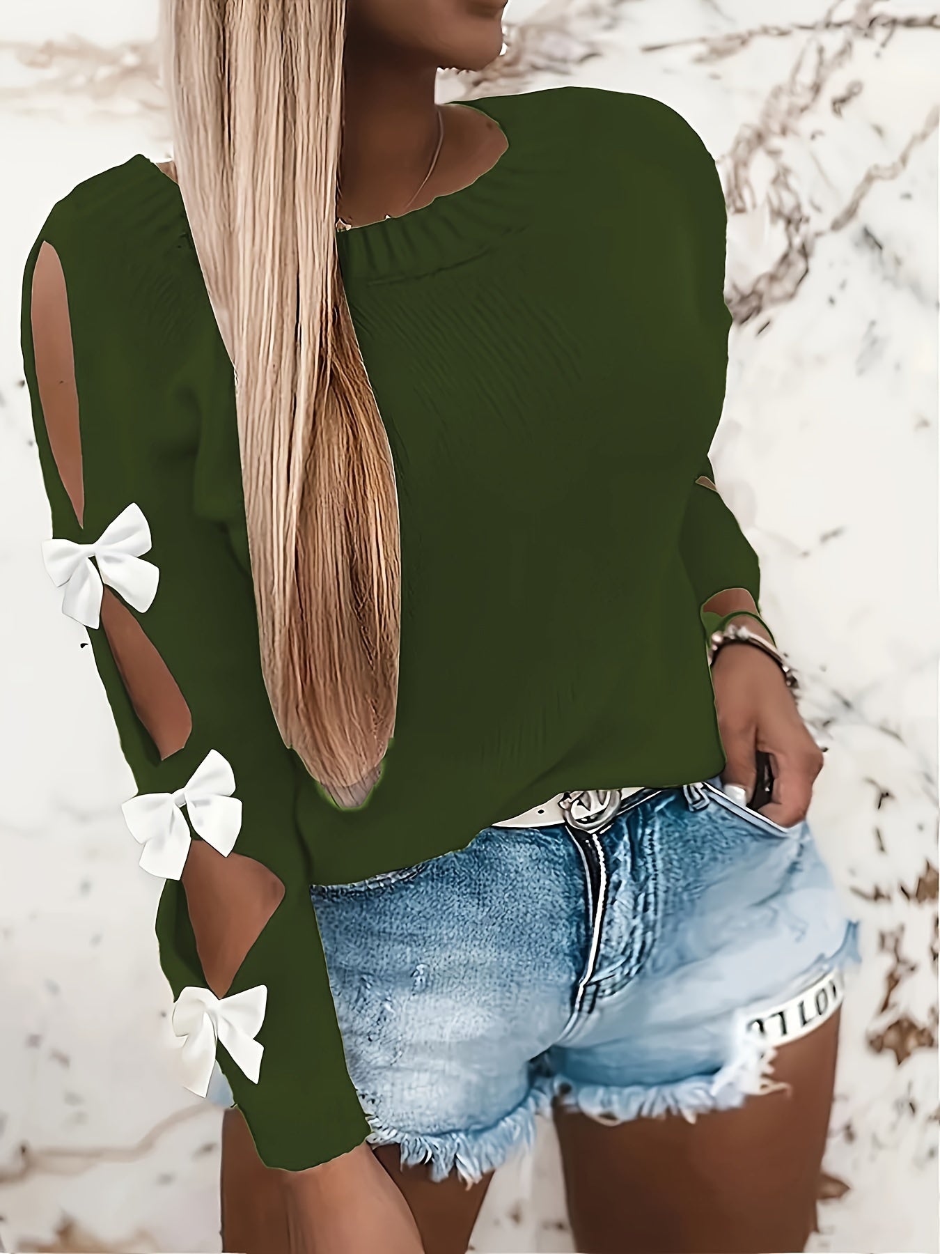 Plus Size Women's Sweater Long Sleeve Bow Accent Fall Winter Pullover