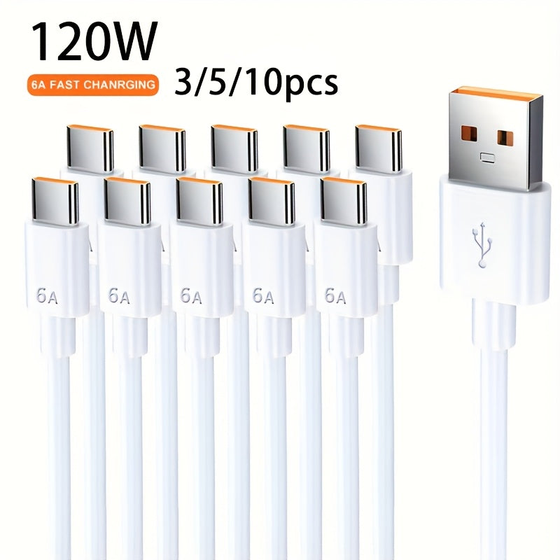 USB Type C Data Cable 120W Fast Charging 6A for Android Devices 3/5/10 Pack