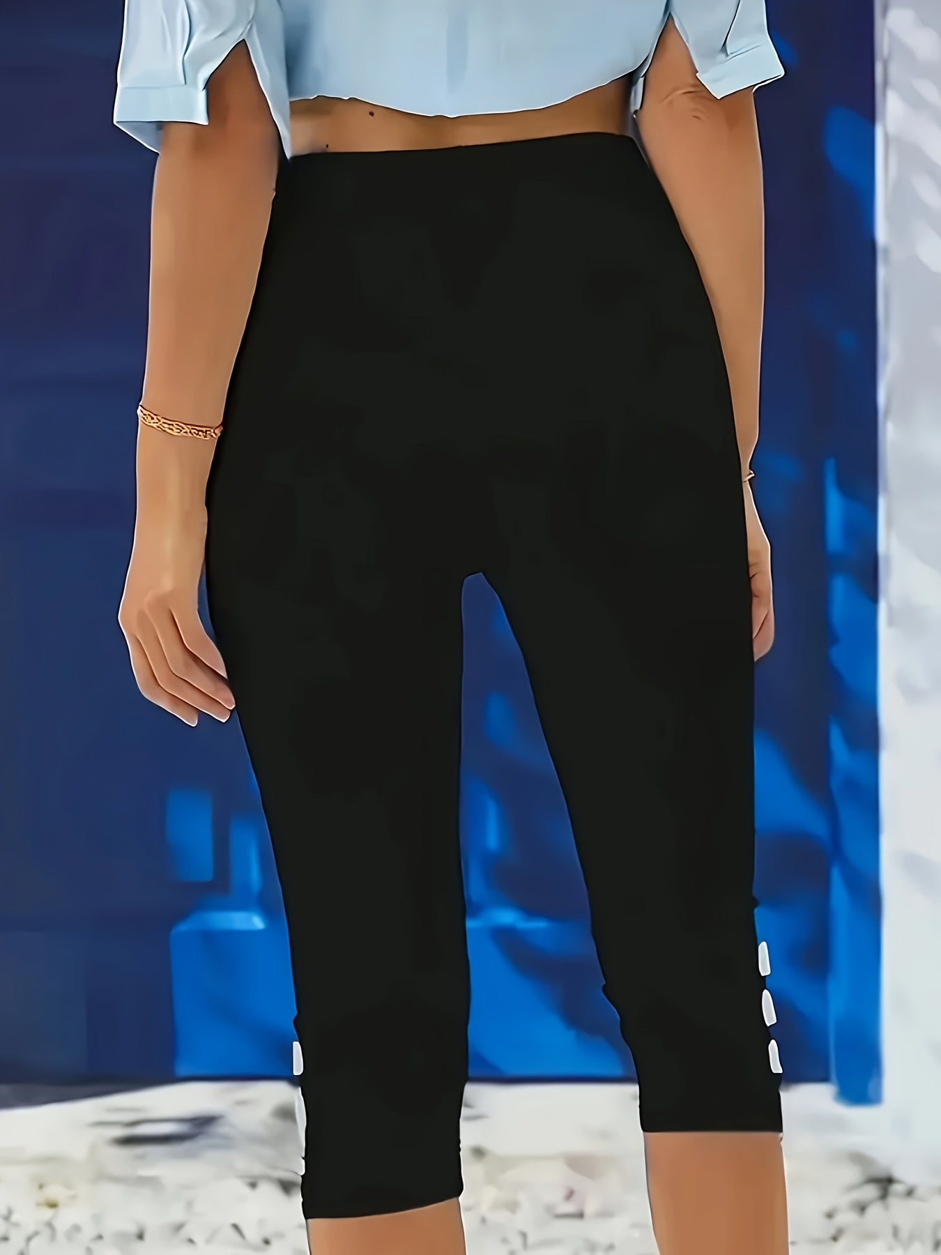 Women’s High Waist Capri Pants with Button Details Knit Solid Color Summer