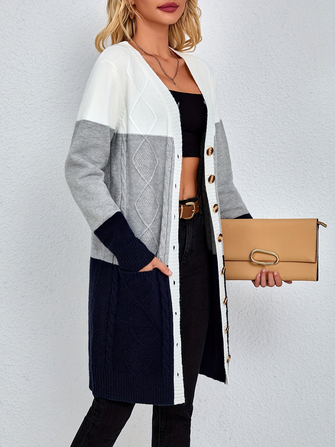 Women's Color Block V-Neck Knit Cardigan with Long Sleeves