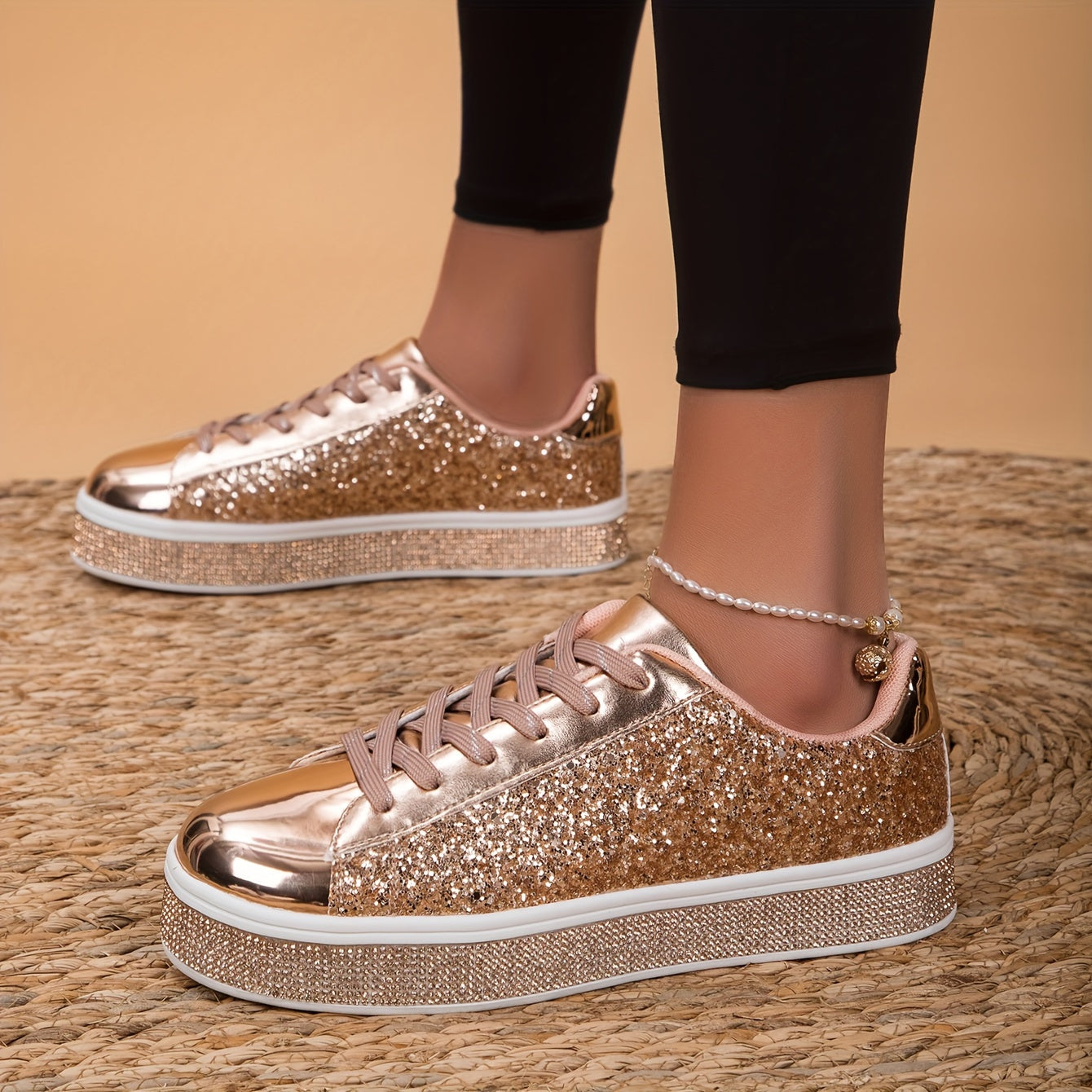 Women's Glitter Skate Shoes Casual Lace-Up Low Top Sneakers