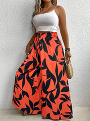 Plus Size Women's Floral Print Culottes with Asymmetrical Wide Leg and Drawstring