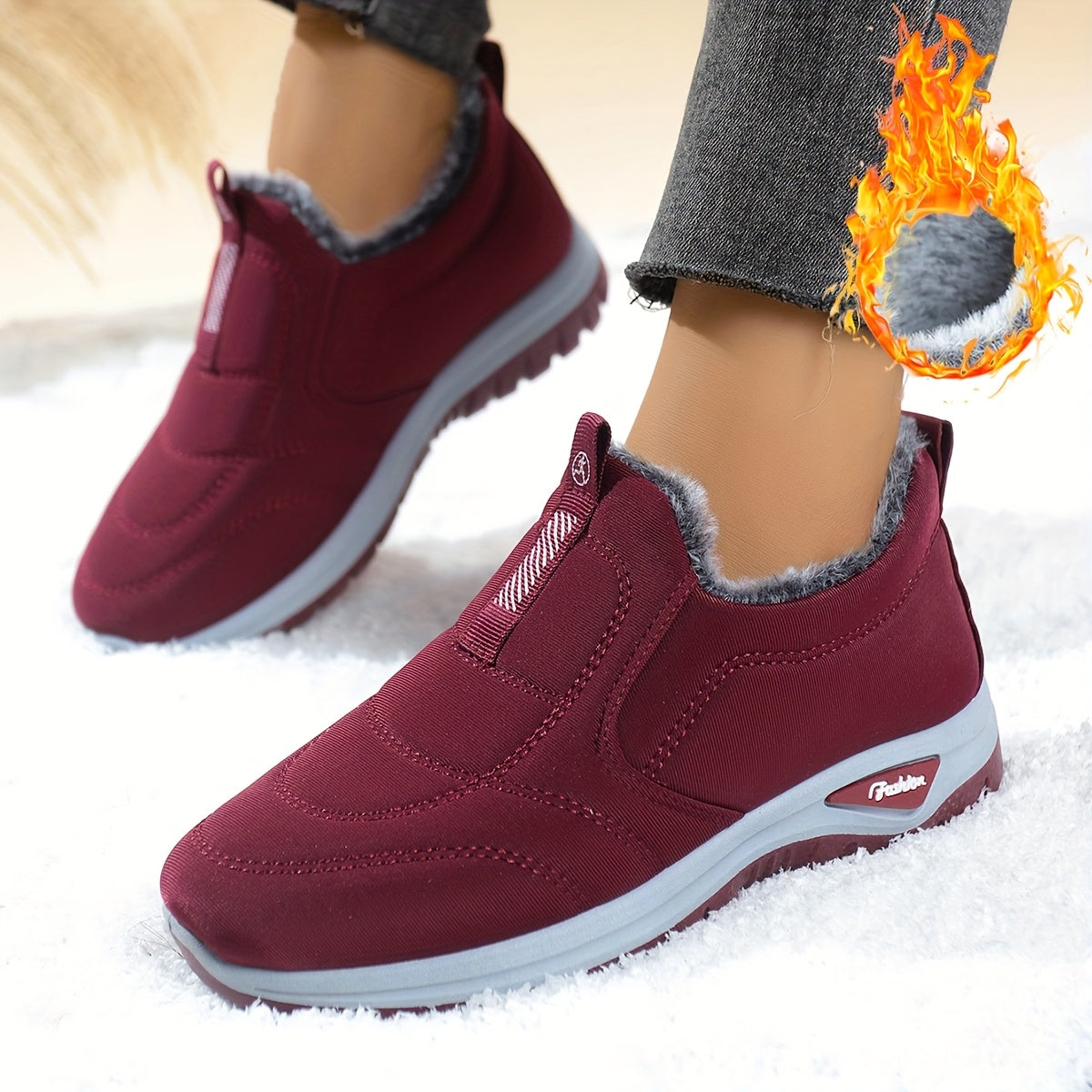 Women's Fleece-Lined Ankle Boots Black Red Slip-On Winter Outdoor