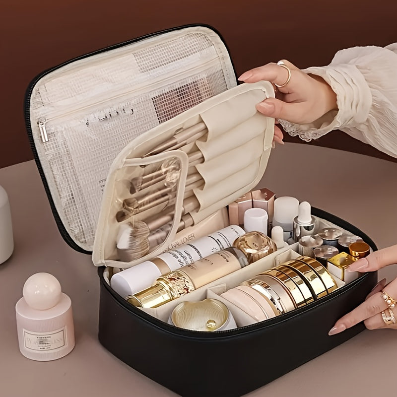 Large Capacity Detachable Makeup Bag Travel Cosmetic Organizer with Brush Holder for Men and Women