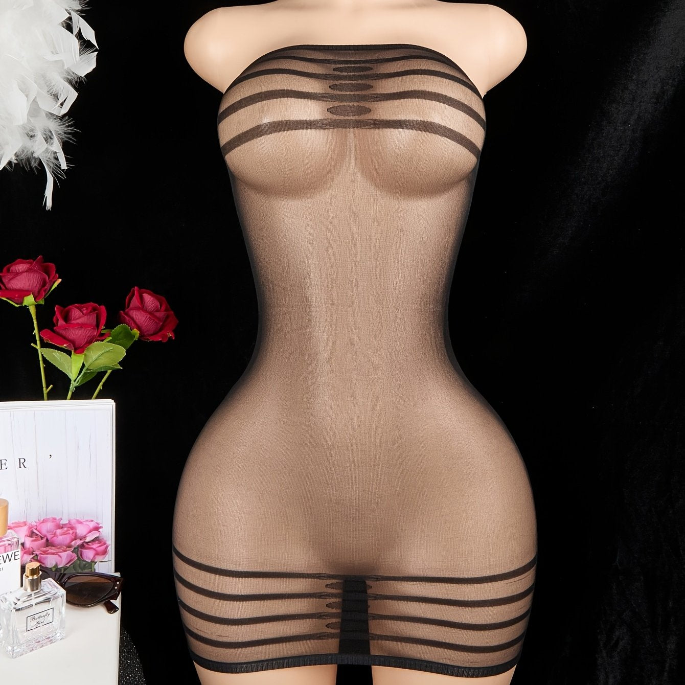 Women’s Sheer Striped Bodysuit with Tube Top and Short Skirt Lingerie Set