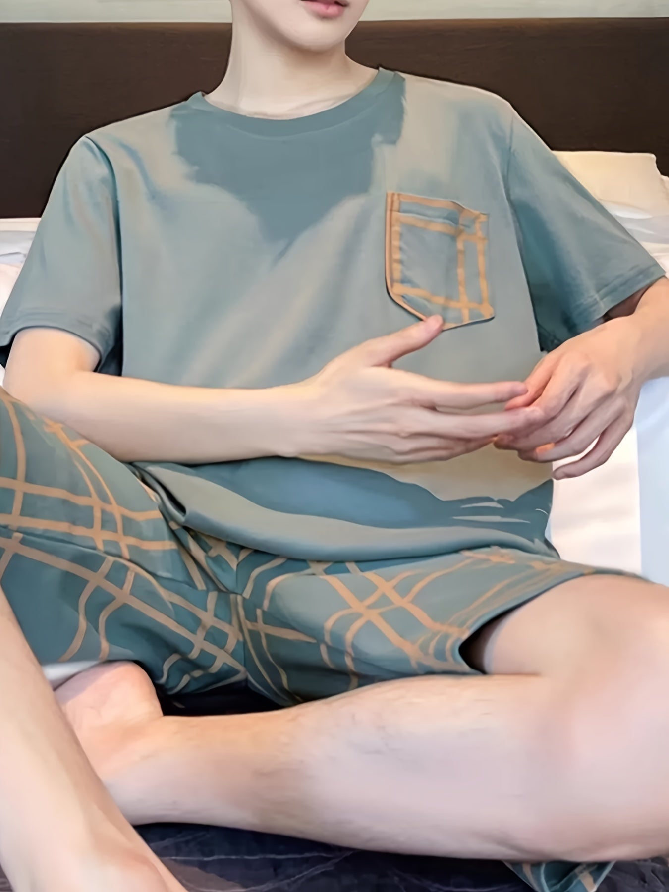 Men's Green Plaid Summer Pajama Set Short Sleeve Tee and Shorts Comfortable and Machine Washable