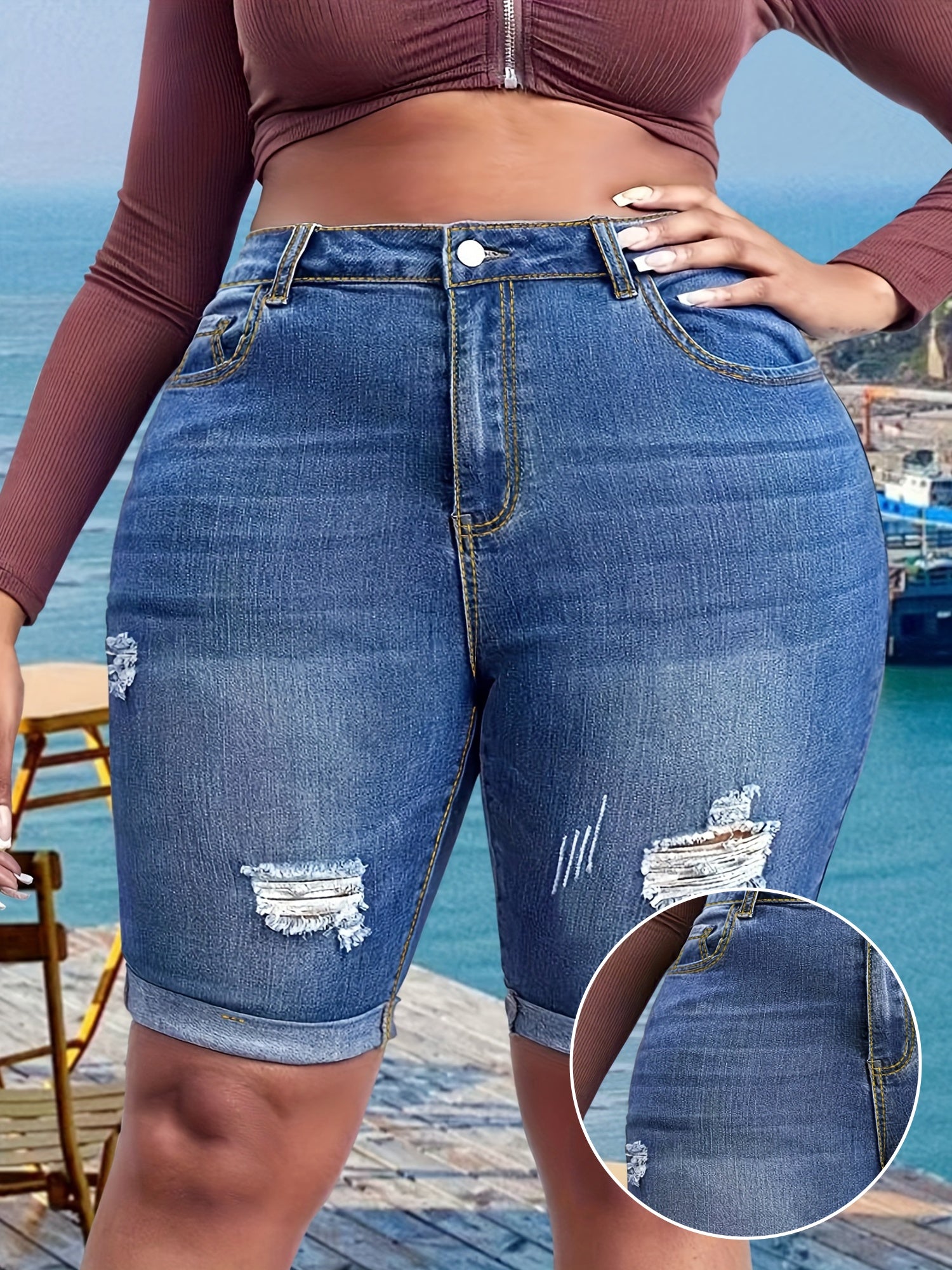 Plus Size Women's High-Waisted Stretch Denim Shorts Distressed Frayed Hem Casual Summer