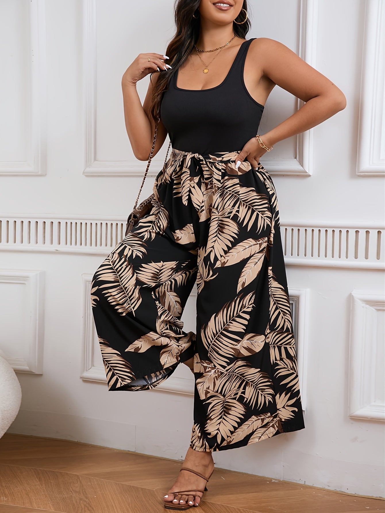 Plus Size Plant Print Wide Leg Jumpsuit Casual Sleeveless Belted Women