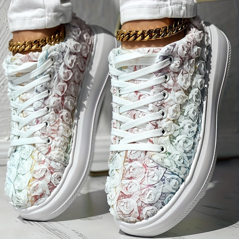 Zapatillas florales 3D para mujer con cordones, plataforma, zapatos casuales para boda