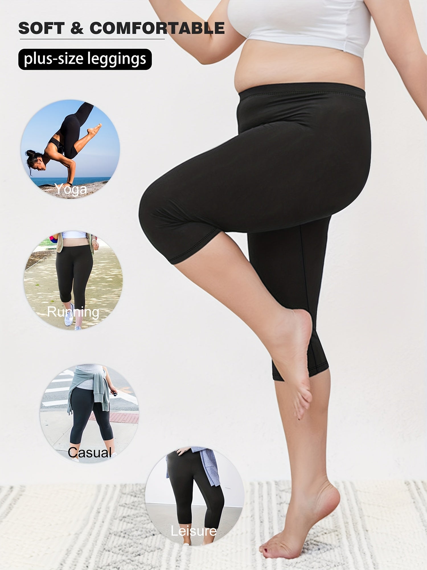 Women's High-Waisted Capri Leggings Soft Black 3/4 Length Yoga Workout