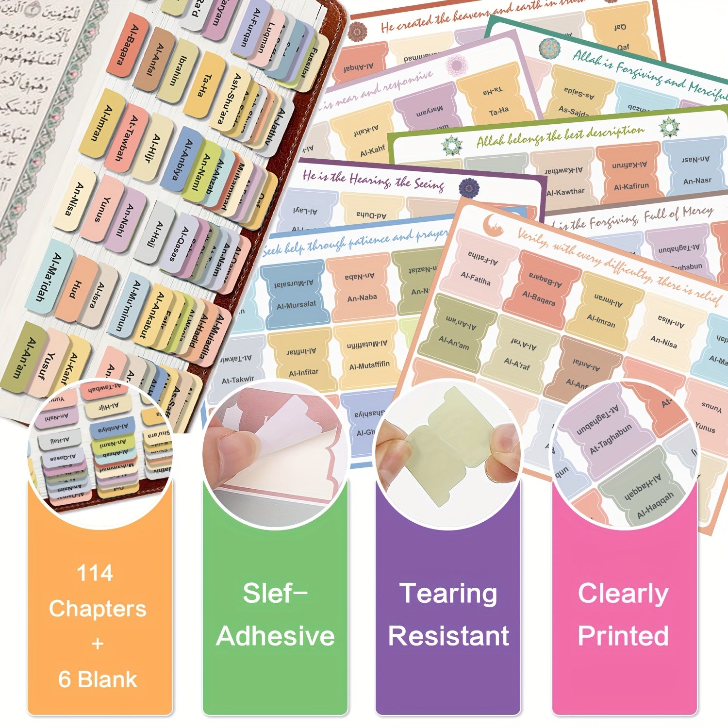 Self-Adhesive Quran Chapter Tabs Tear-Resistant Clear Printing 114 Tabs and 6 Blank