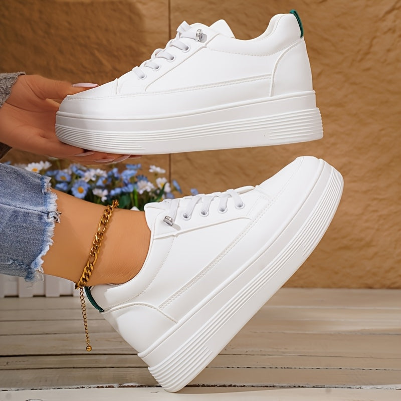 Women's White Sneakers with Inner Height Increase Casual Low-Top Lace-Up Shoes