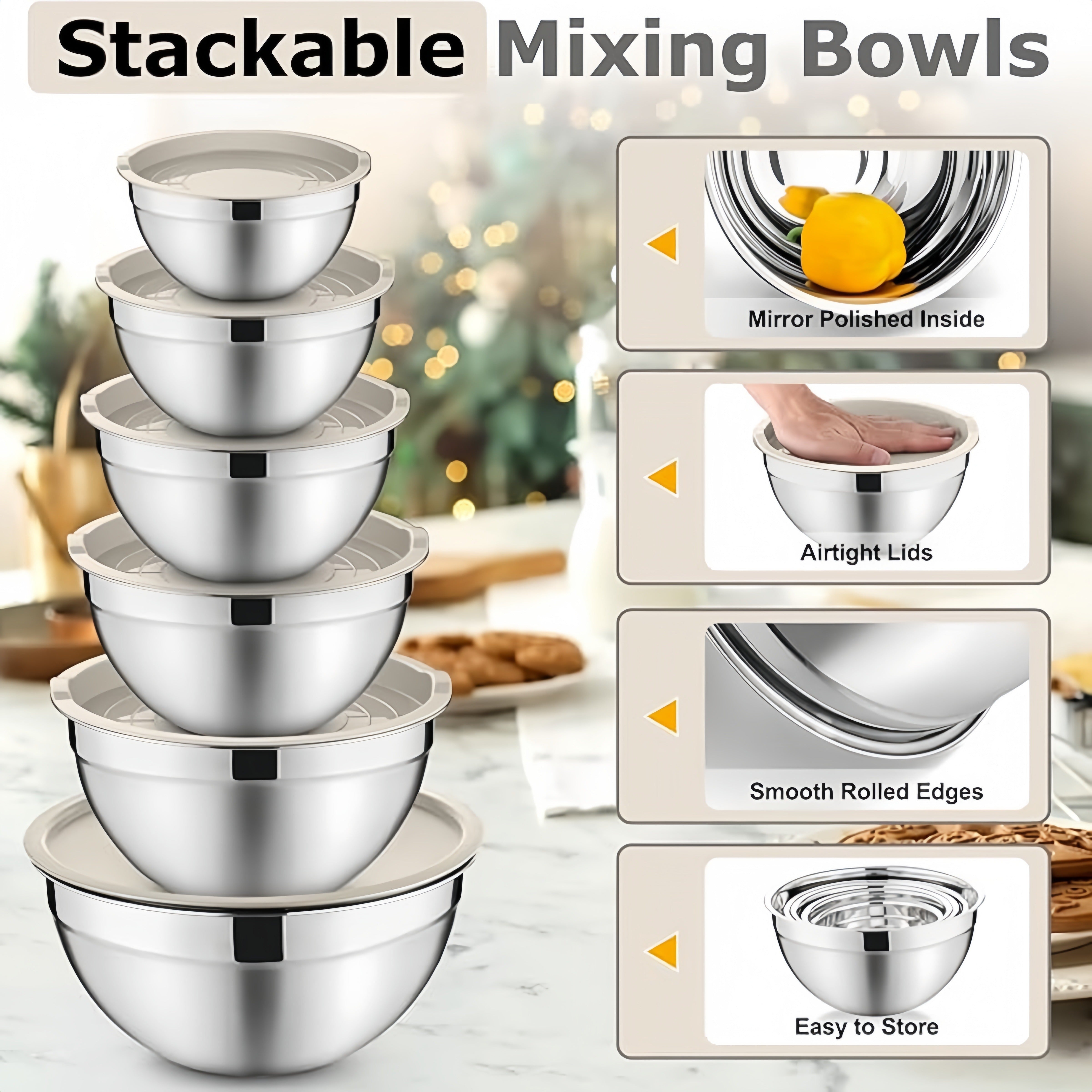 15-Piece Stainless Steel Mixing Bowls Set with Airtight Lids and Grater Attachments