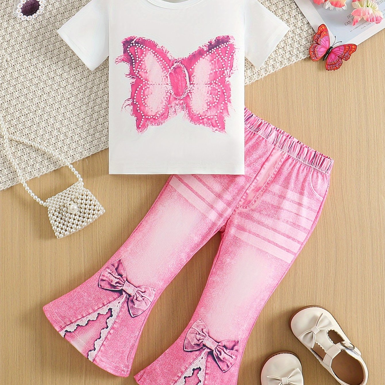 Kids' Casual Set Short Sleeve Top and Split Denim Micro Bell Pants Polyester Animal Pattern
