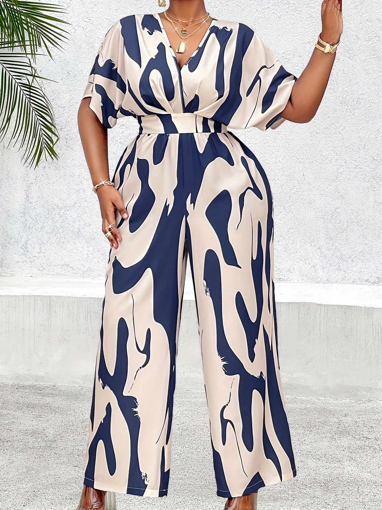 Women's Plus Size Batwing Sleeve Belted Print Jumpsuit