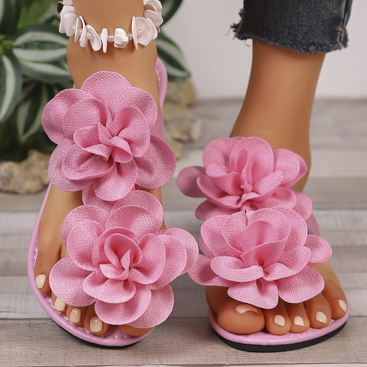 Women's Floral Flat Sandals Open Toe Slip-On with Ankle Strap