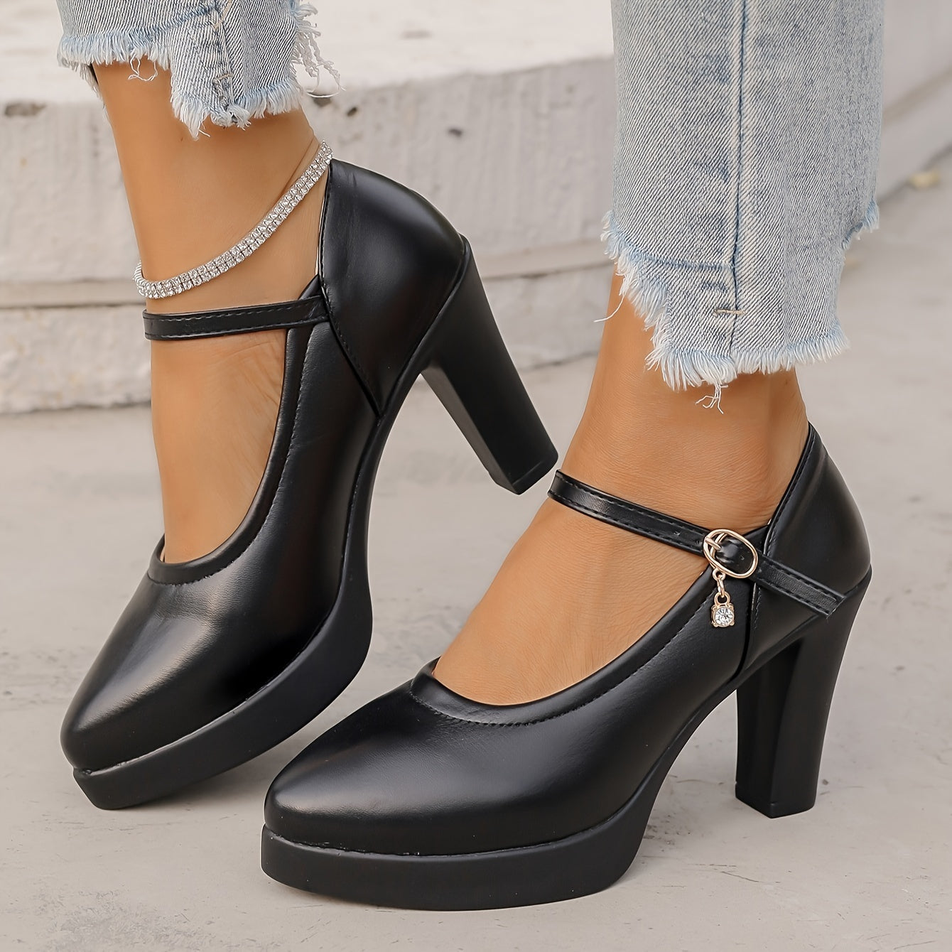 Women's Black Synthetic Pointed-Toe Block Heel Mary Jane Pumps for Office and Formal Events