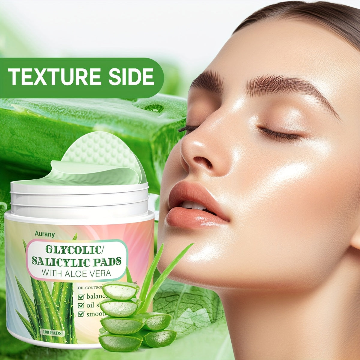 AURANY 100 Pad: Aloe Vera Glycolic/Salycilik Kislota, Uniseks Kattalar, Spirtli emas, Namlantiruvchi, Eksfoliatsiya qiluvchi, Pora kichraytiruvchi, Chuqur tozalovchi, Barcha teri turlari, Aloe Vera hidli, Qo'shimcha yo'q.