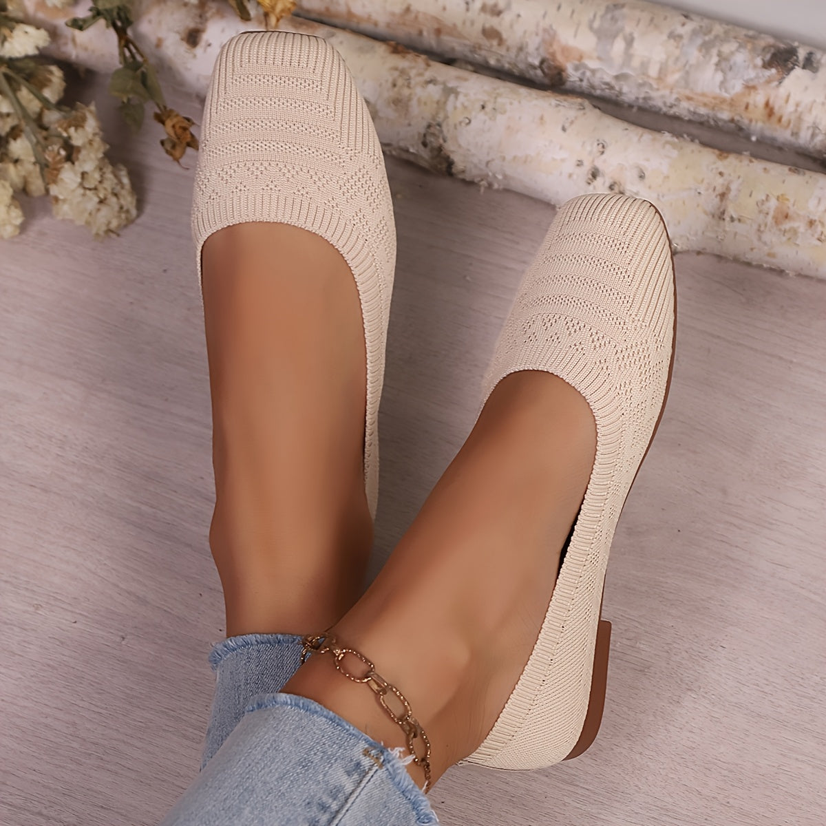 Women's Slip-On Square Toe Flats - Soft Fabric Upper Beige All-Season