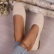 Women's Slip-On Square Toe Flats - Soft Fabric Upper Beige All-Season