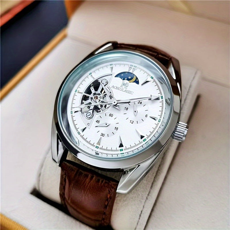Men's Mechanical Watch with Moon Phase Pointer Semi-Hollow Ball Design Leather Strap
