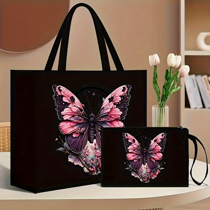 2-Piece Canvas Tote Bag and Wallet Set with Butterfly Floral Print Black