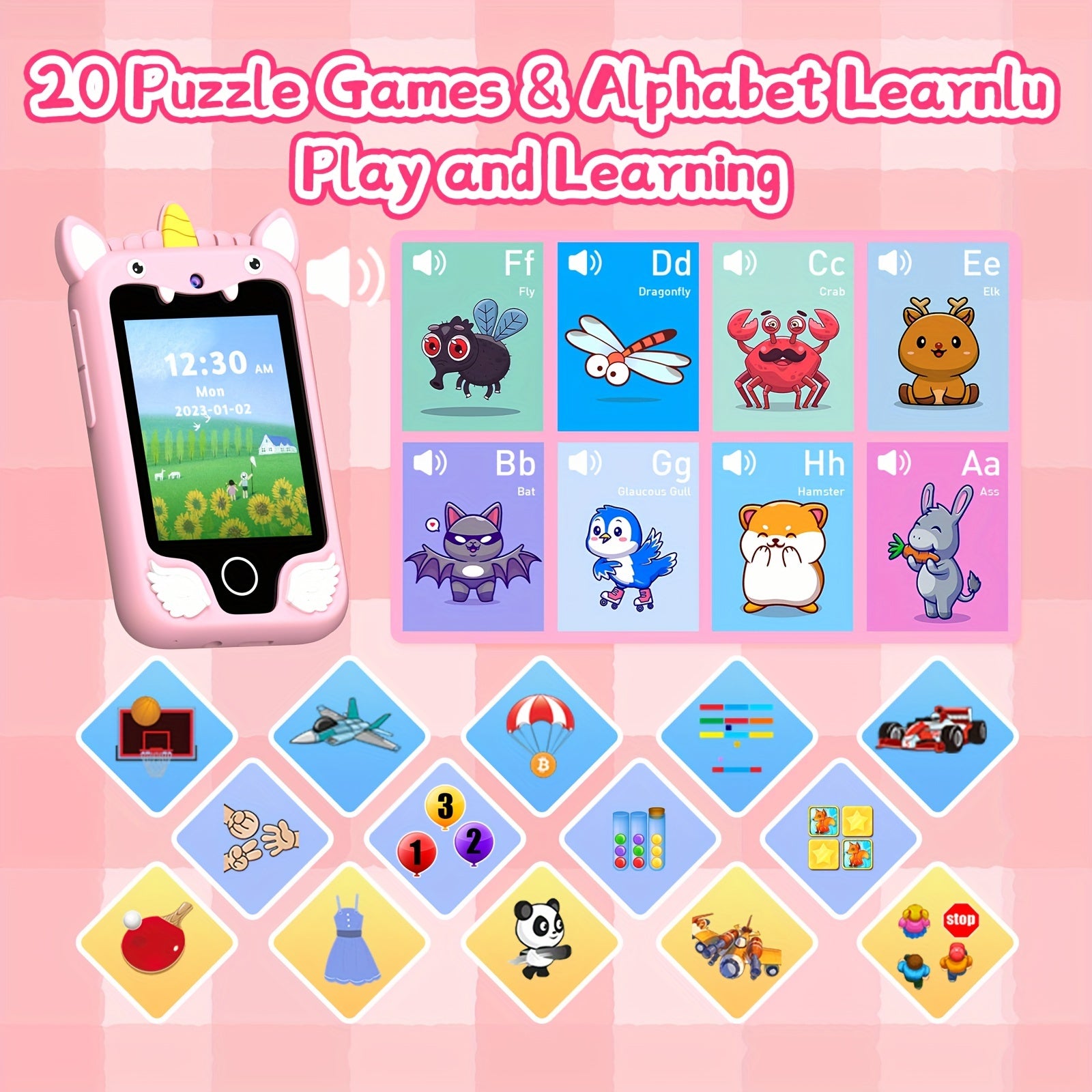 Educational Smart Toy Phone for Kids 3+ and 6+ with 8GB Memory Camera Music Video Recording