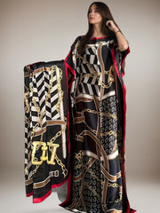 Women's Plus Size Geometric Chain Print Dress with Bat Sleeves and Scarf