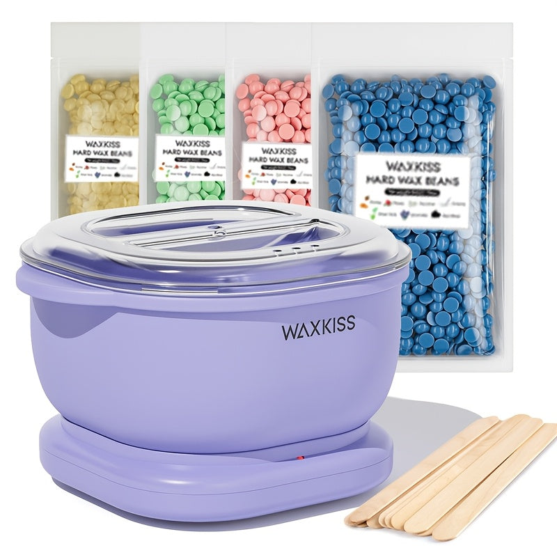 Purple Silicone Wax Warmer Kit 500ml with Hard Wax Beads and Wooden Sticks for Hair Removal
