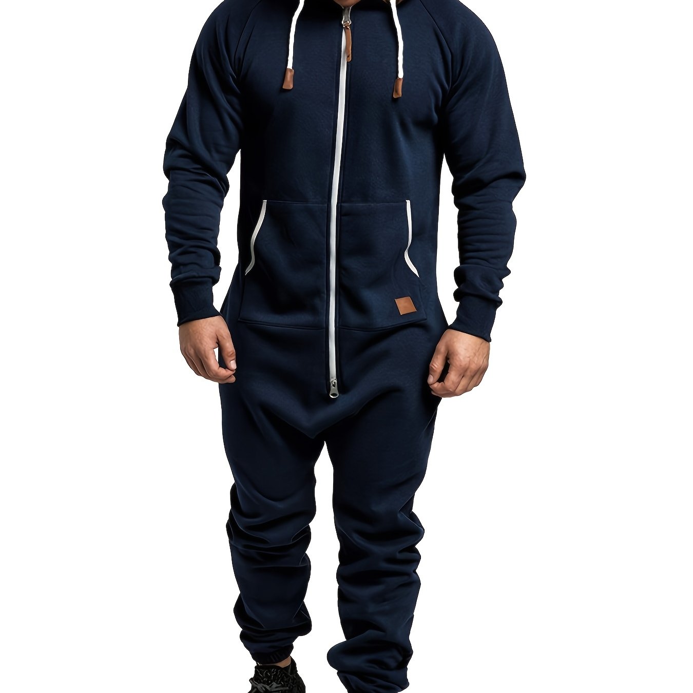 Men's Winter Pajama Jumpsuit Solid Long Sleeve Knit Polyester Hooded Pockets Comfortable Lounge Wear