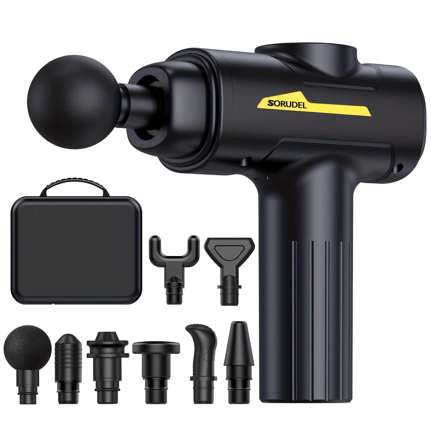 SORUDEL Massaj quroli, 8 massaj boshliqlari, 6 tezlik va saqlash sumkasi bilan.