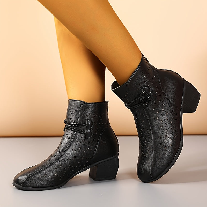 Women's Retro Round Toe Hollow Short Boots with Chunky Heel and Non-slip Sole
