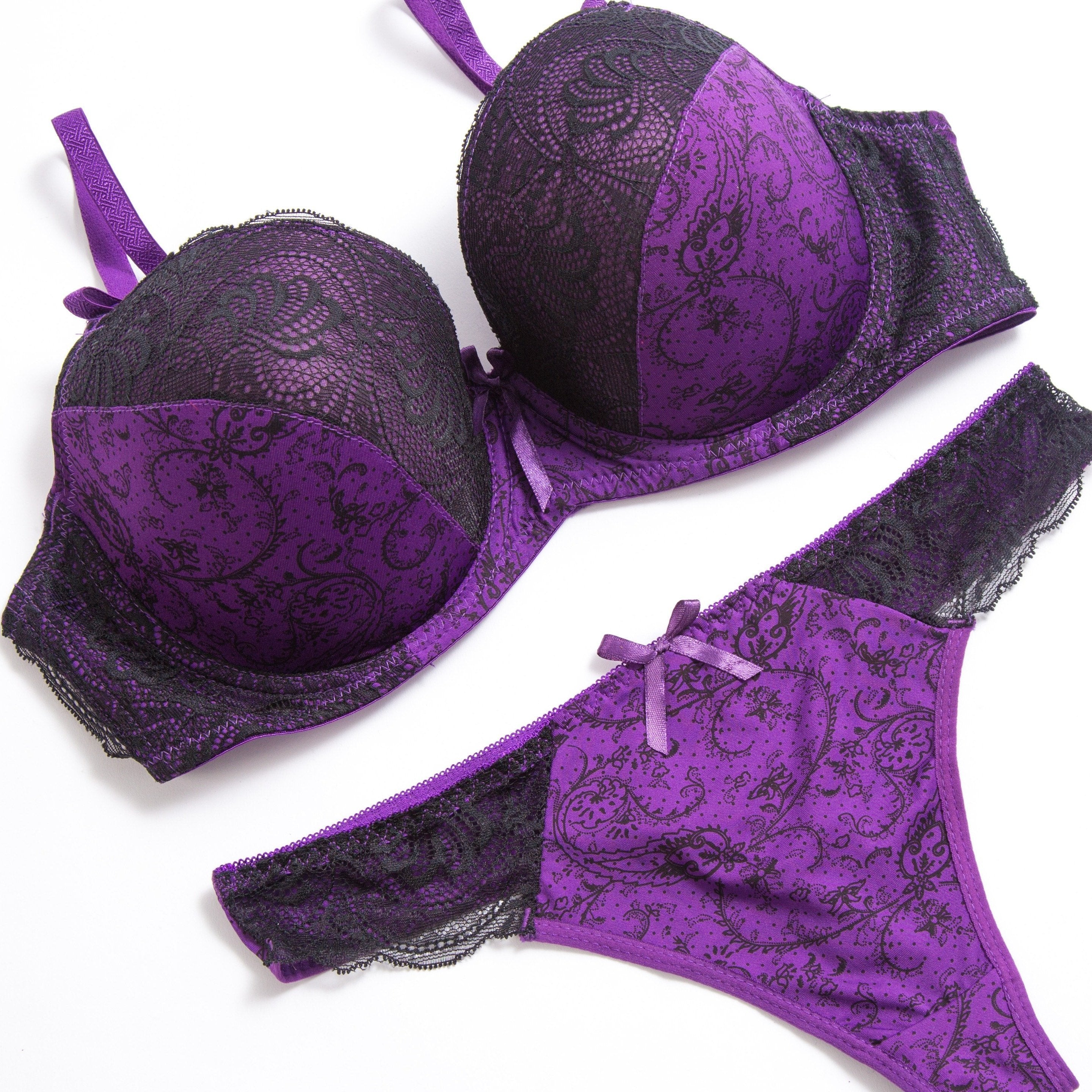 Lingerie Lace Bra and Panty Set in Beige and Black Floral Print Nylon Blend Comfortable for Casual or Special Occasions