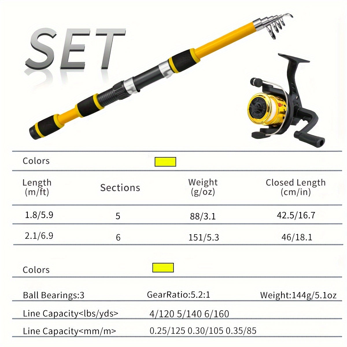 Telescopic Fishing Rod and Reel Combo with Soft Bait Set, Carry Case, Medium Fast Action, Fiberglass, Yellow