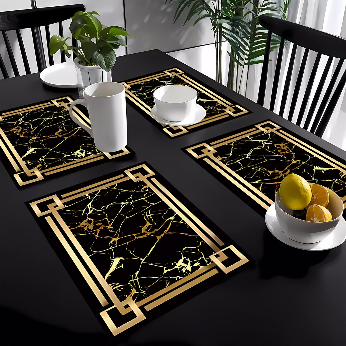 Black and Gold Patterned Table Mats for Dining and Kitchen Decor Set of Four