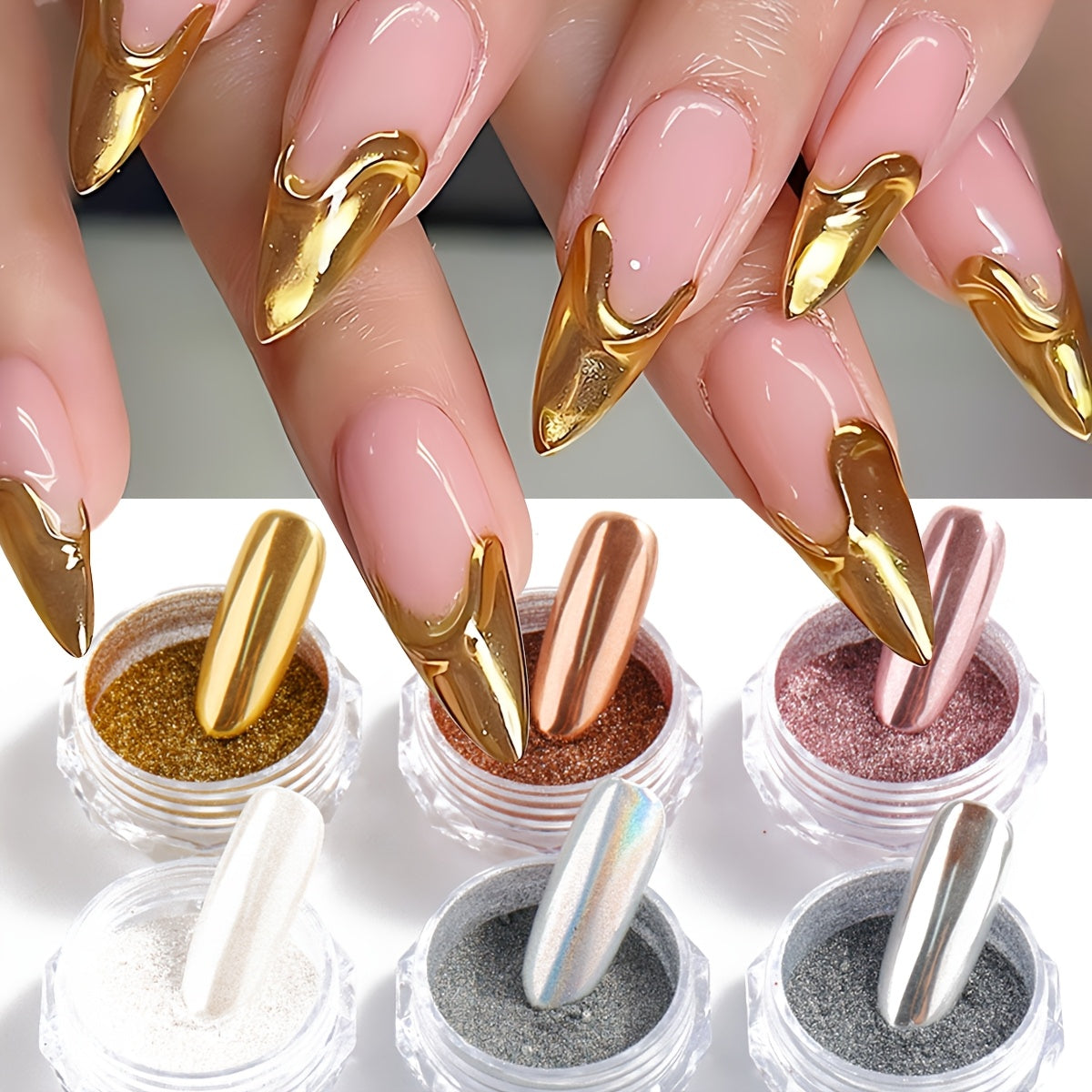 6 Pieces Chrome Mirror Nail Powder Set Metallic Gold Silver for Nail Art