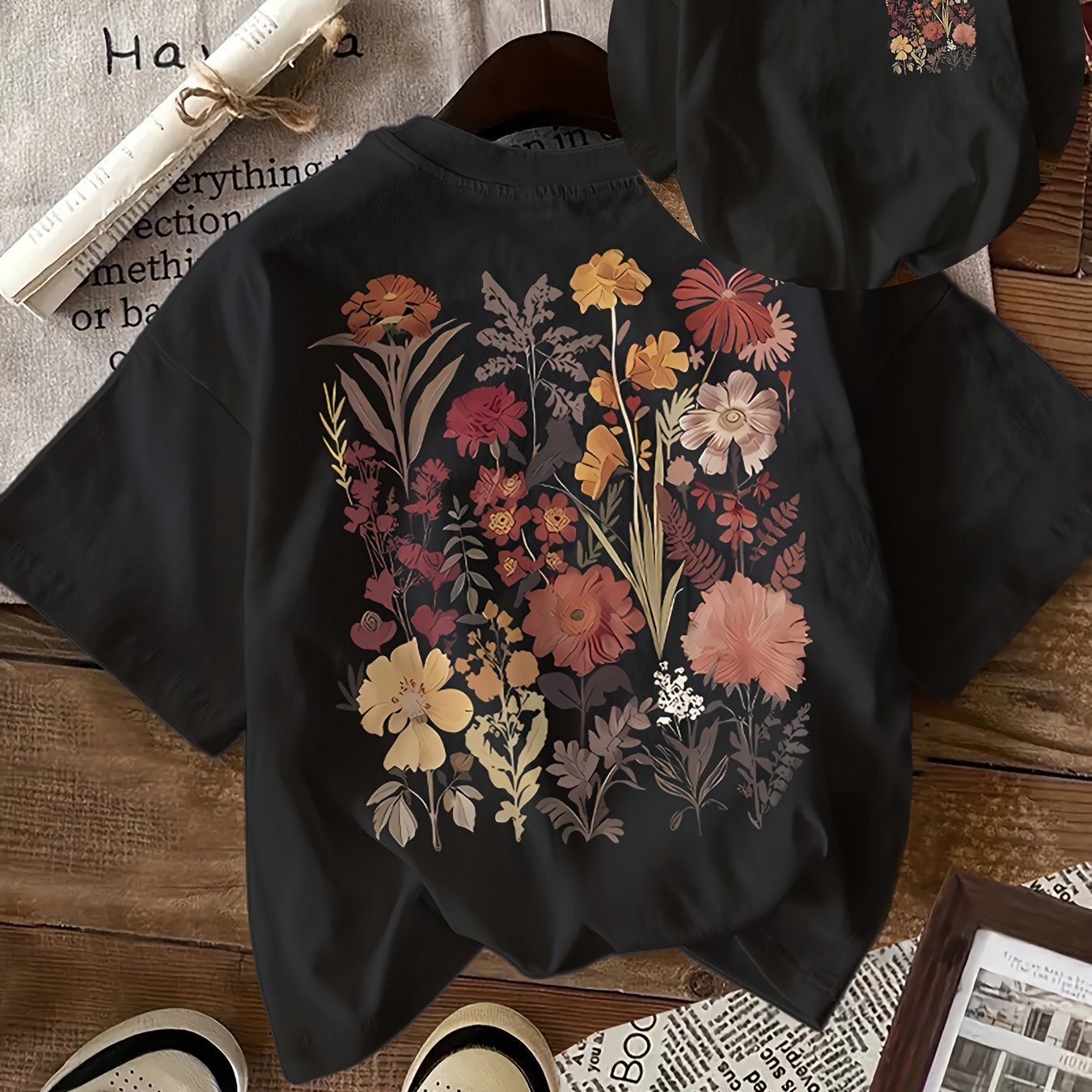 Women's Cotton Floral Graphic T-Shirt with Autumn Print Crew Neck Short Sleeve Casual