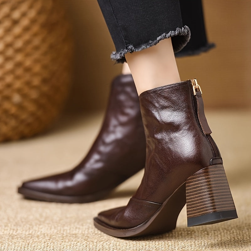 Women's Faux Leather Chunky Block Heel Ankle Boots Brown Zipper Non-Slip