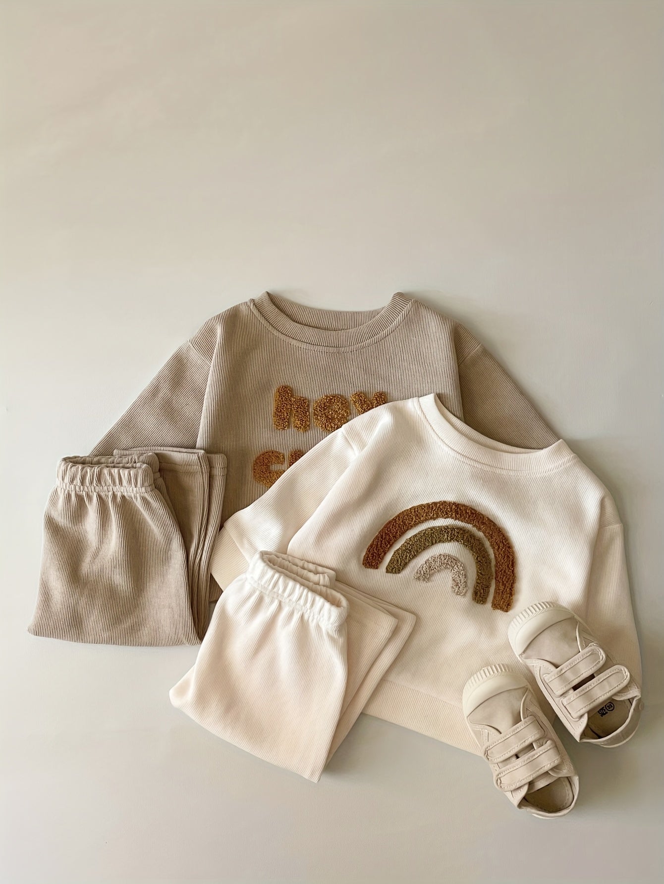 Baby Boys Rainbow Embroidered Long Sleeve Pullover and Pants Set for Spring Fall