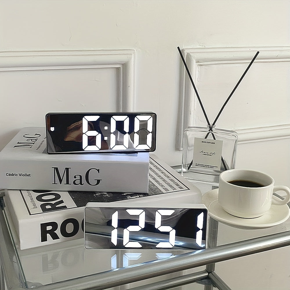 LED Mirror Alarm Clock with Digital Display and USB Charging for Bedroom or Office