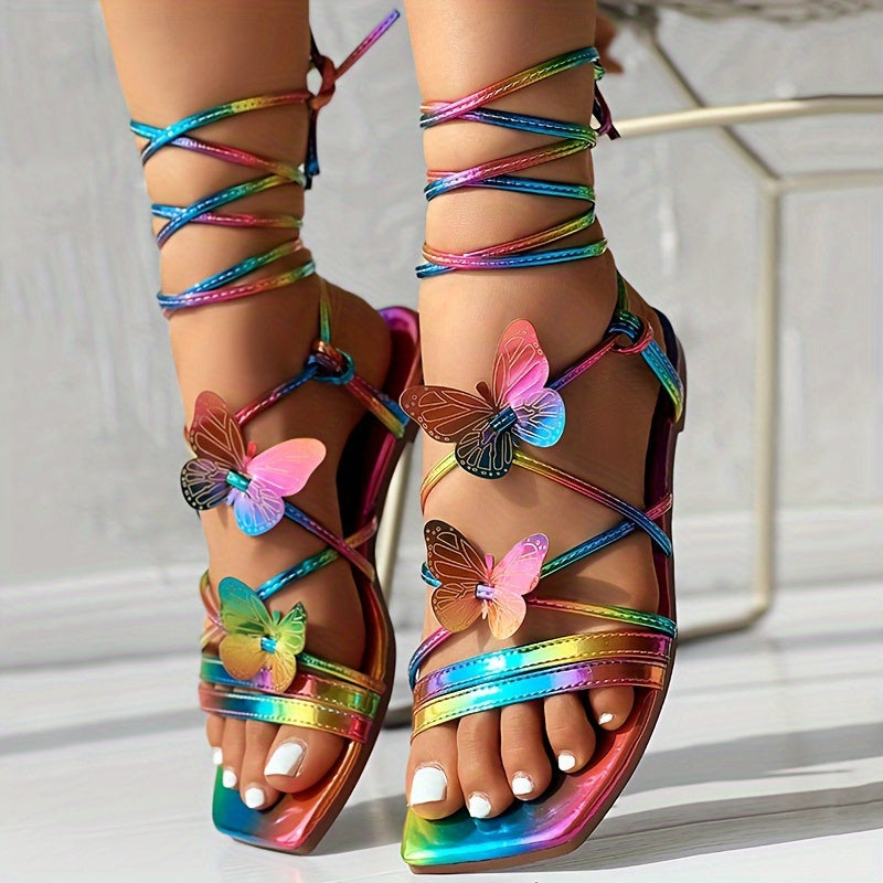 Women's 3D Butterfly Decor Flat Sandals Crisscross Straps Beach Shoes