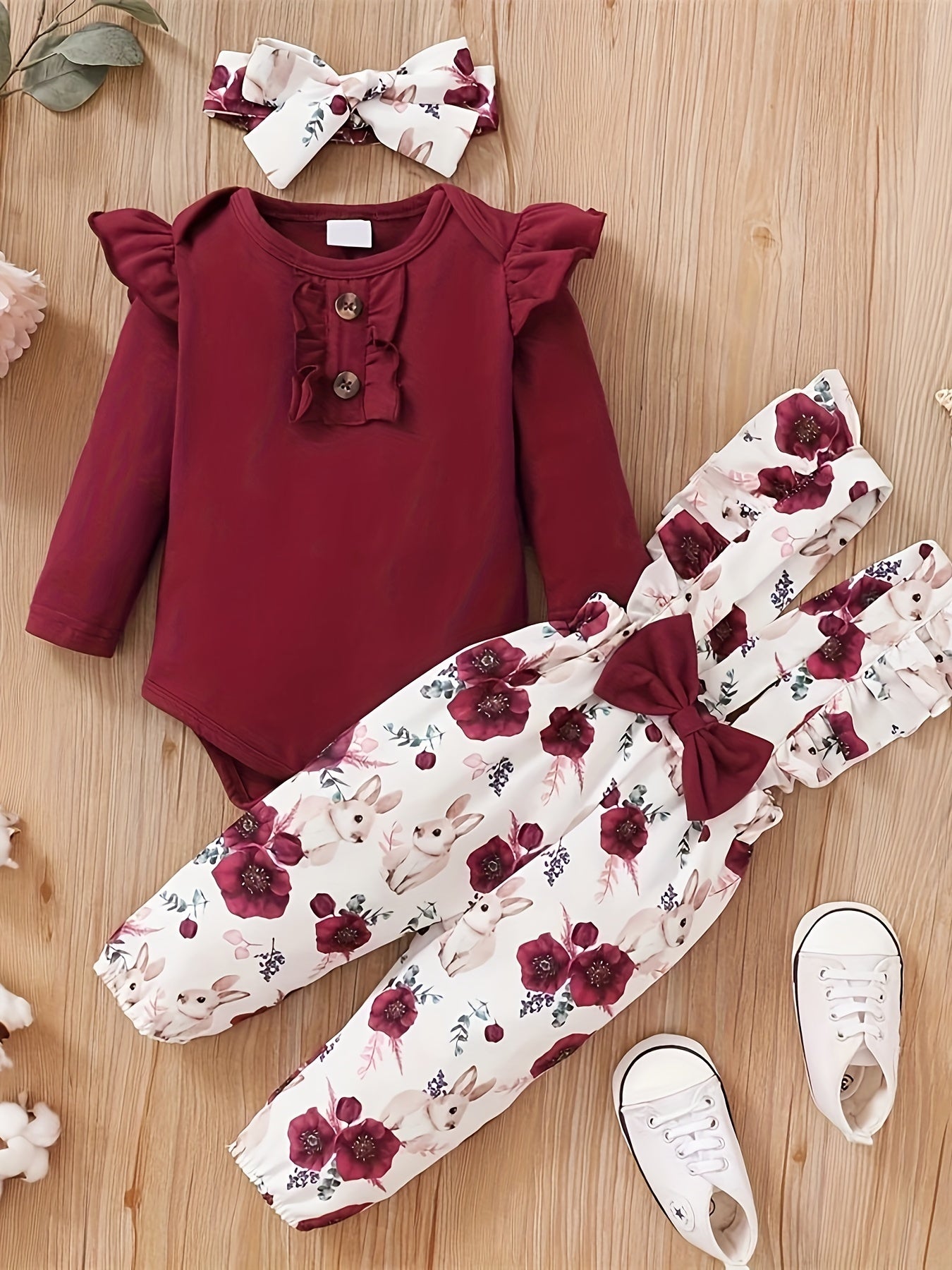 Baby Girls' 2-Piece Casual Outfit Set Long Sleeve Onesie Floral Animal Print Suspender Pants