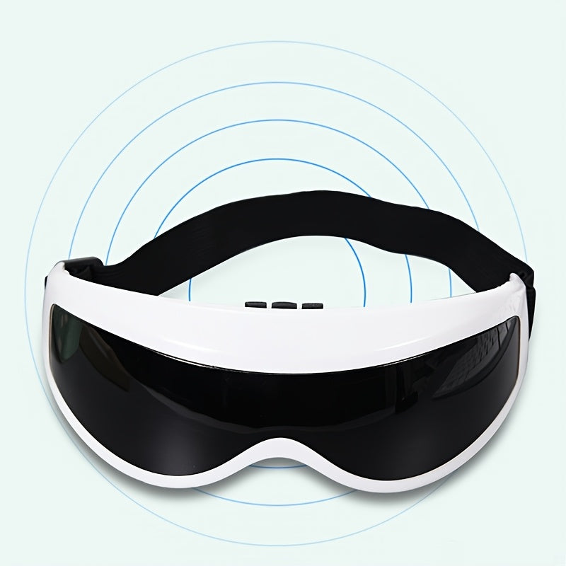 Oq rangdagi portativ elektr ko'z massajeri, vibratsiyali ko'z niqobi bilan - batareya talab qilinmaydi, uyda foydalanish uchun ideal, sozlanadigan bosh tasmasi.