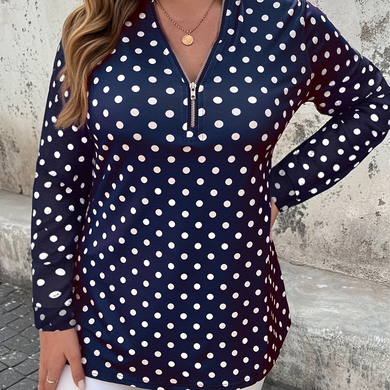 Plus Size Women's Polka Dot V-Neck Long Sleeve Blouse Black White Office Wear