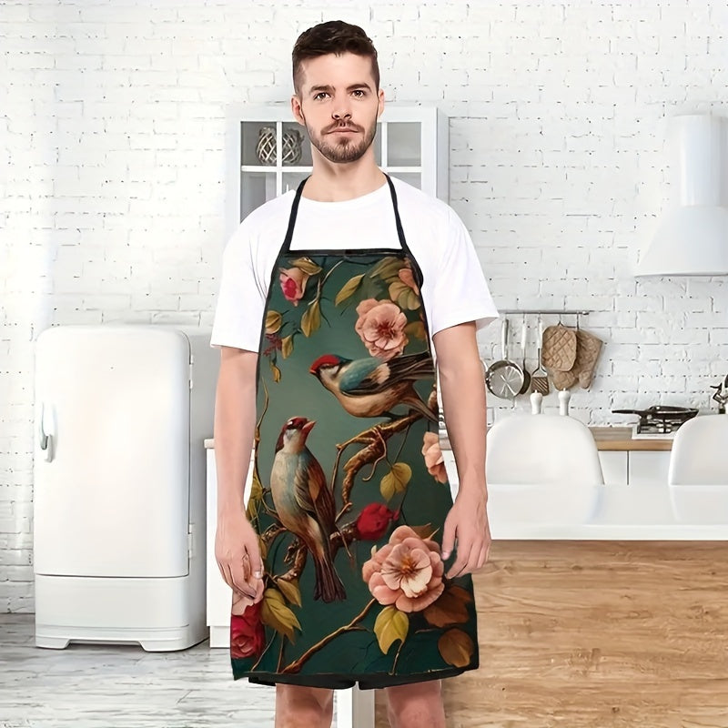 Floral and Bird Print Apron Made of 100% Polyester with Adjustable Neck for Cooking