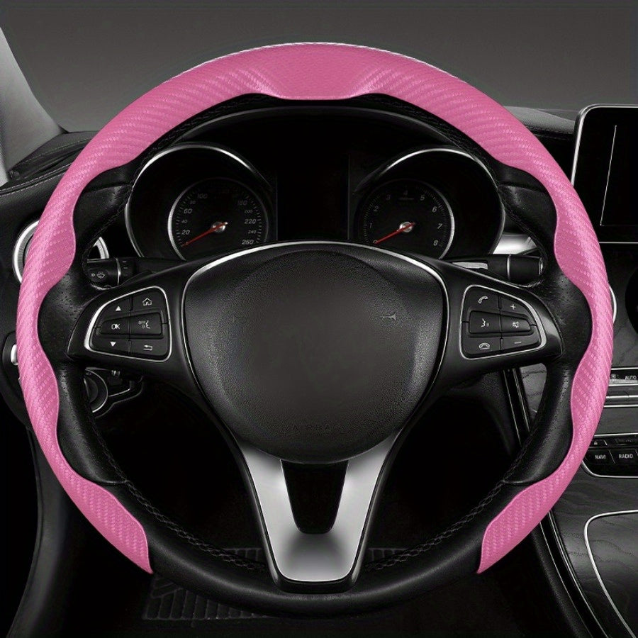 Universal Carbon Fiber Steering Wheel Cover with Red Accents Non-Slip Durable