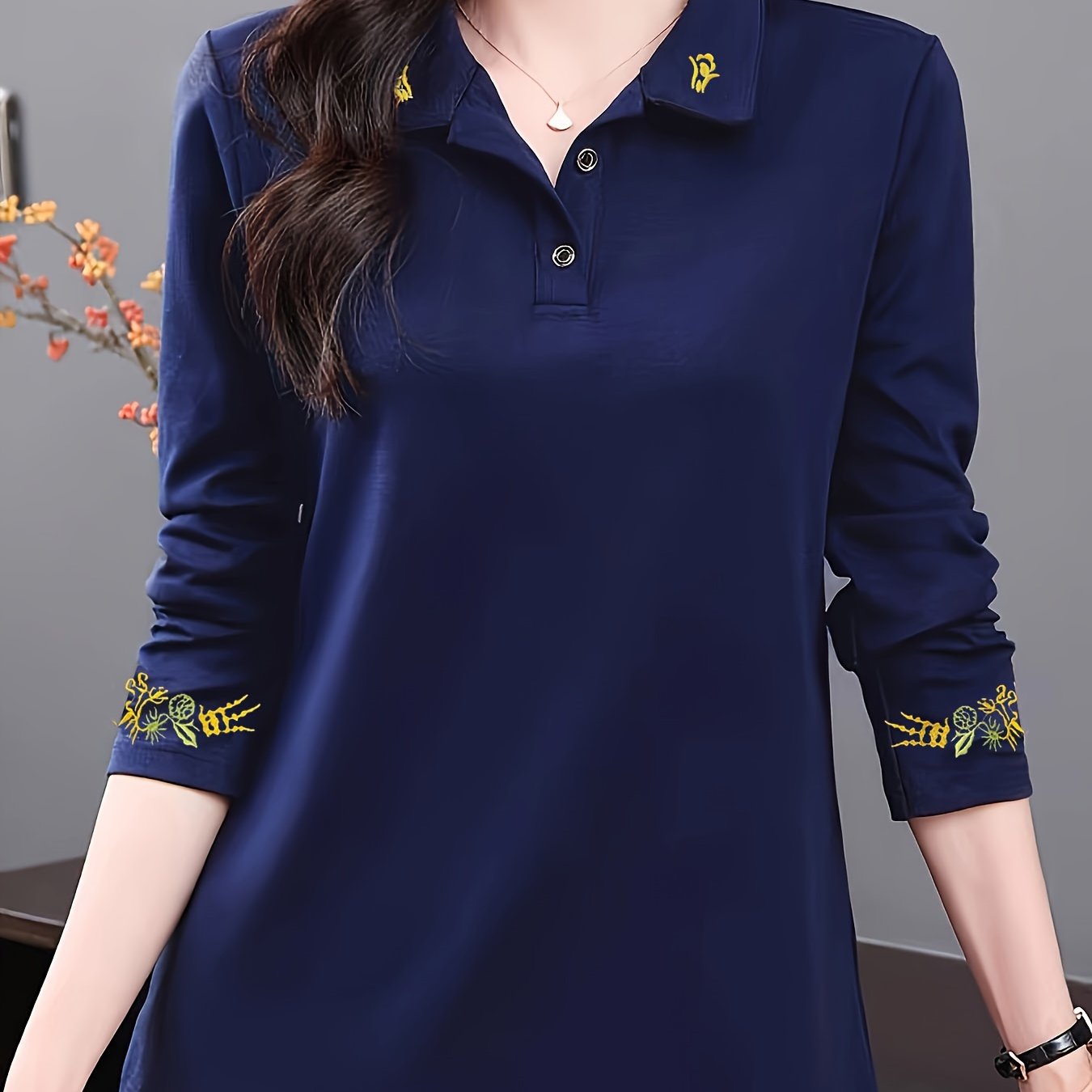 Women's Black Long Sleeve Shirt with Floral Embroidery, Polyester, Casual Spring Fall